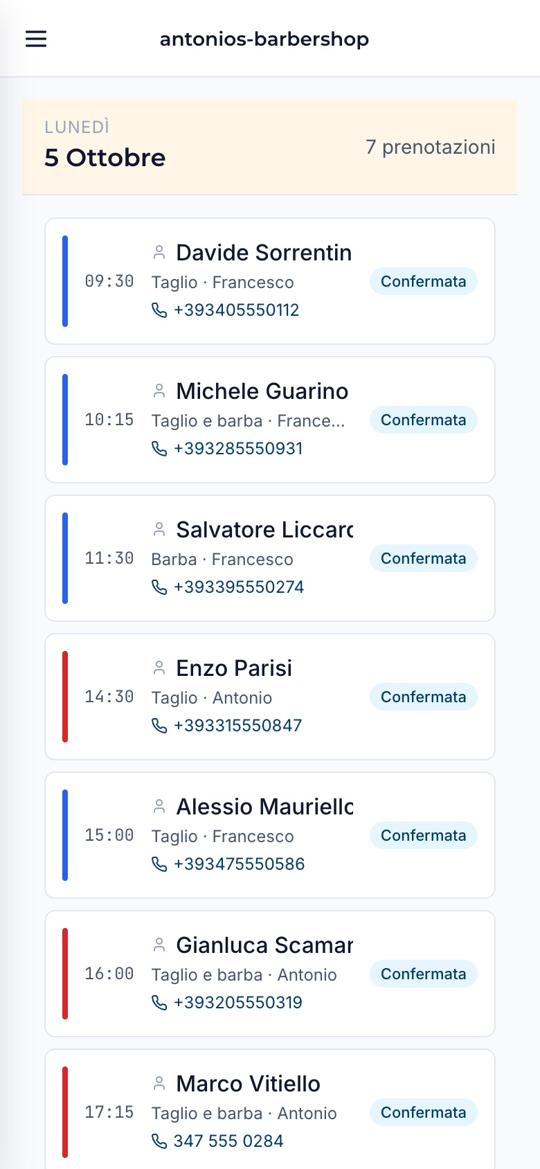 L'agenda del barbiere sul telefono: sette appuntamenti di lunedì, l'ultimo è quello appena preso in chat.