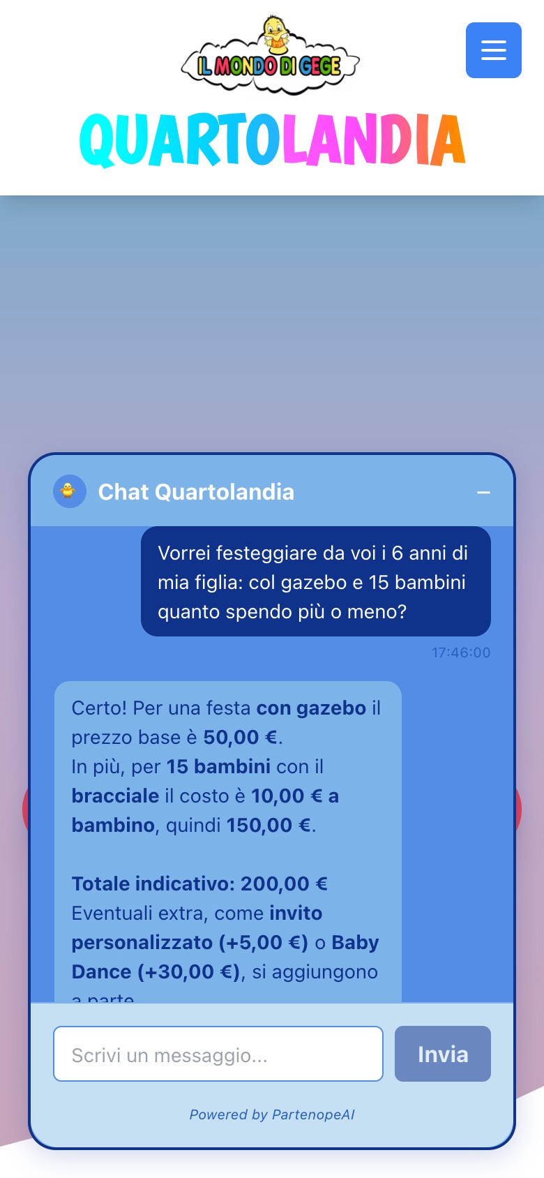 La chat del sito di Quartolandia risponde a una mamma che chiede quanto costa una festa col gazebo per 15 bambini.