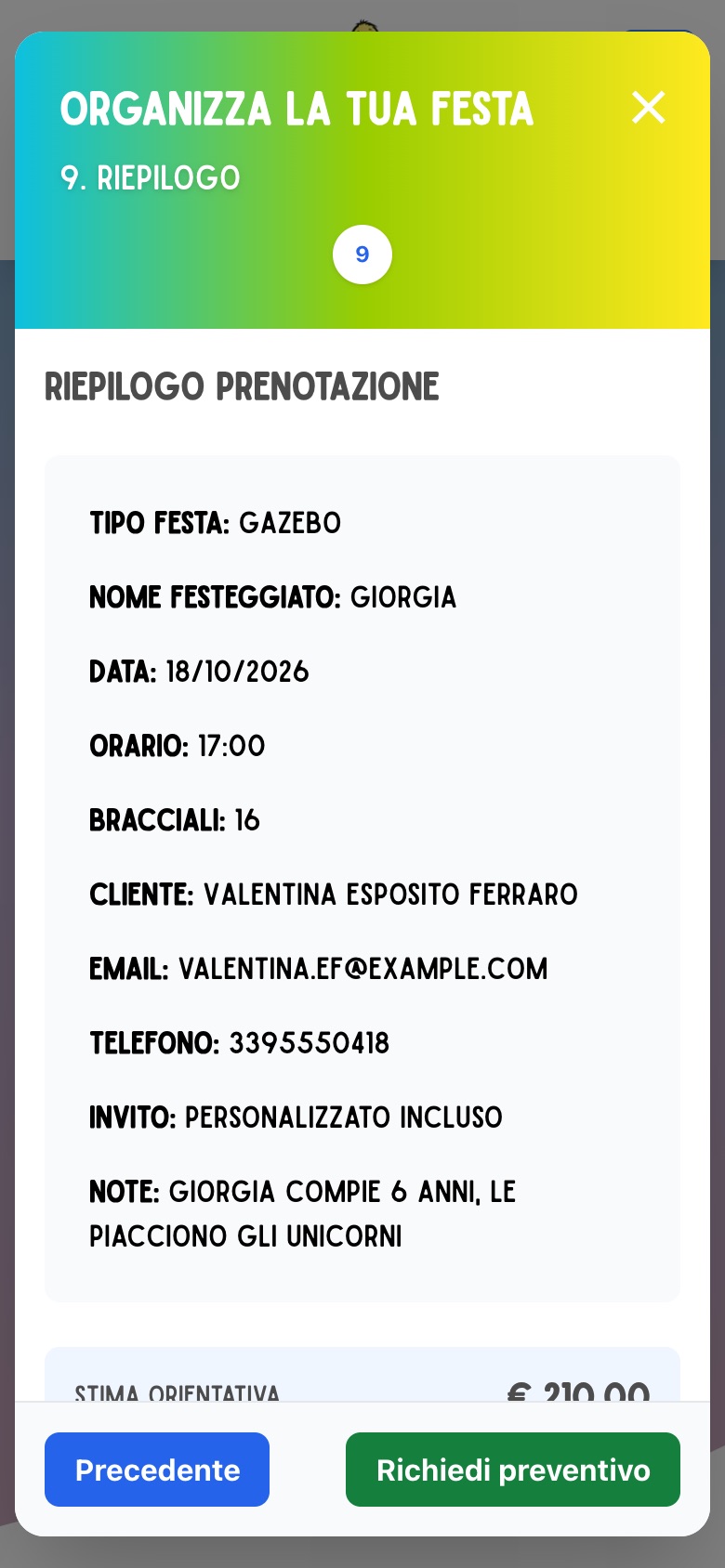 Il riepilogo della richiesta di festa sul sito di Quartolandia, con la stima del prezzo.